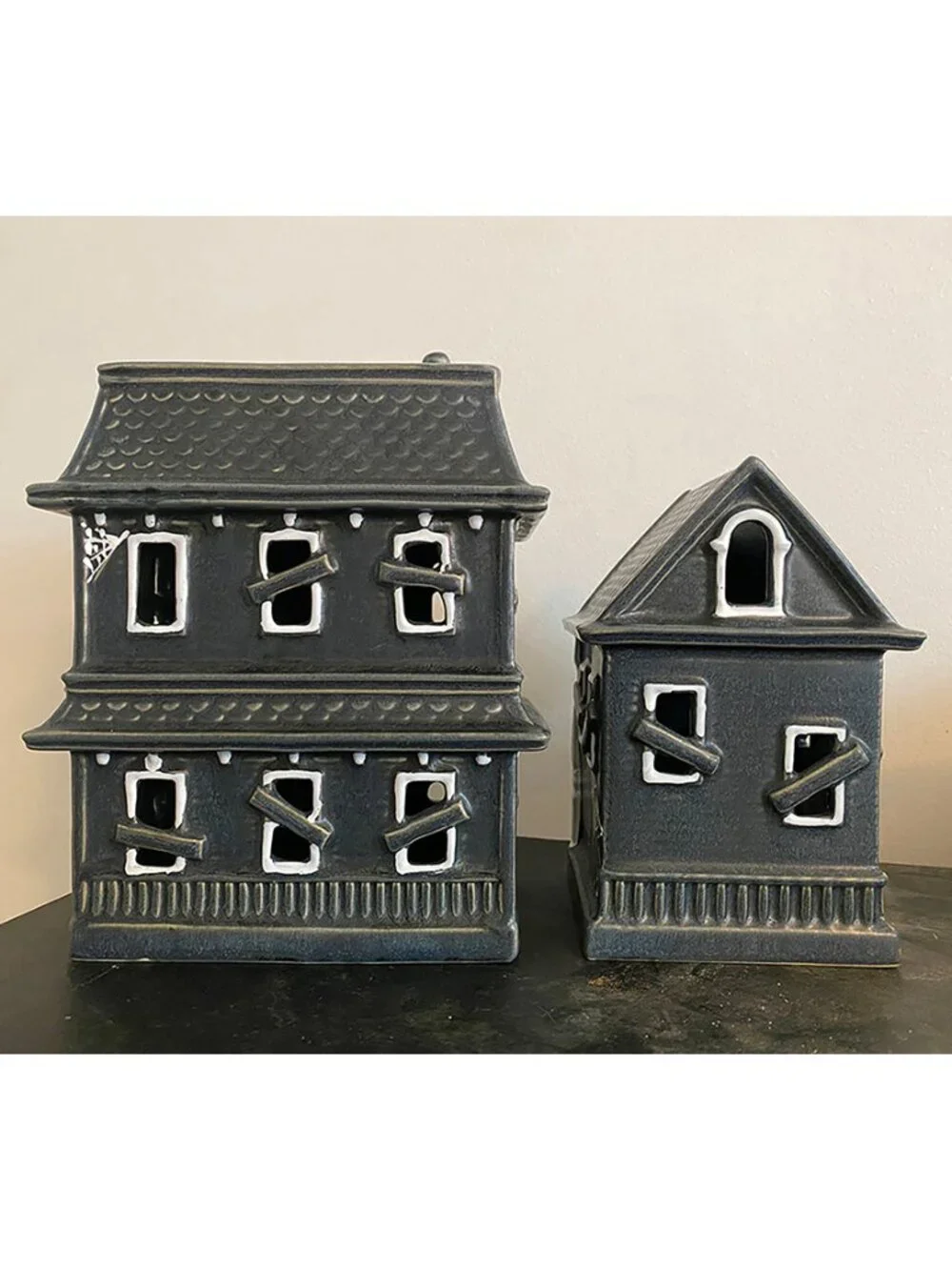 NEW Pottery Barn Ceramic Haunted Houses 2 Pc SET Small-Medium Halloween Decor